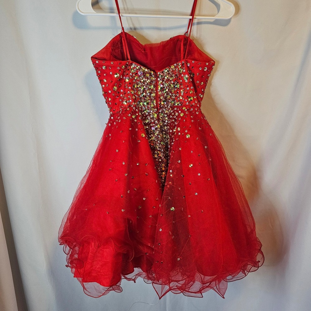 Terani Couture Rhinestone Tulle Cocktail Dress Womens Red Homecoming Prom Glam 0 - Picture 9 of 13